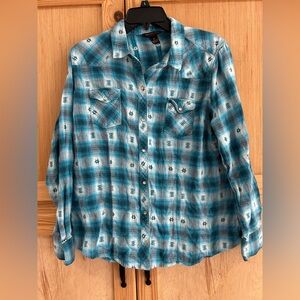 Bit & Bridle Blue/White Flannel Snap Front Shirt Sz XL